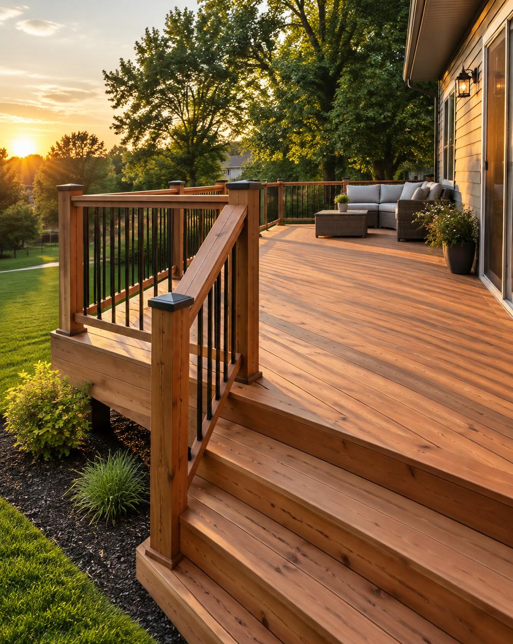 Cedar backyard deck with railings at golden hour