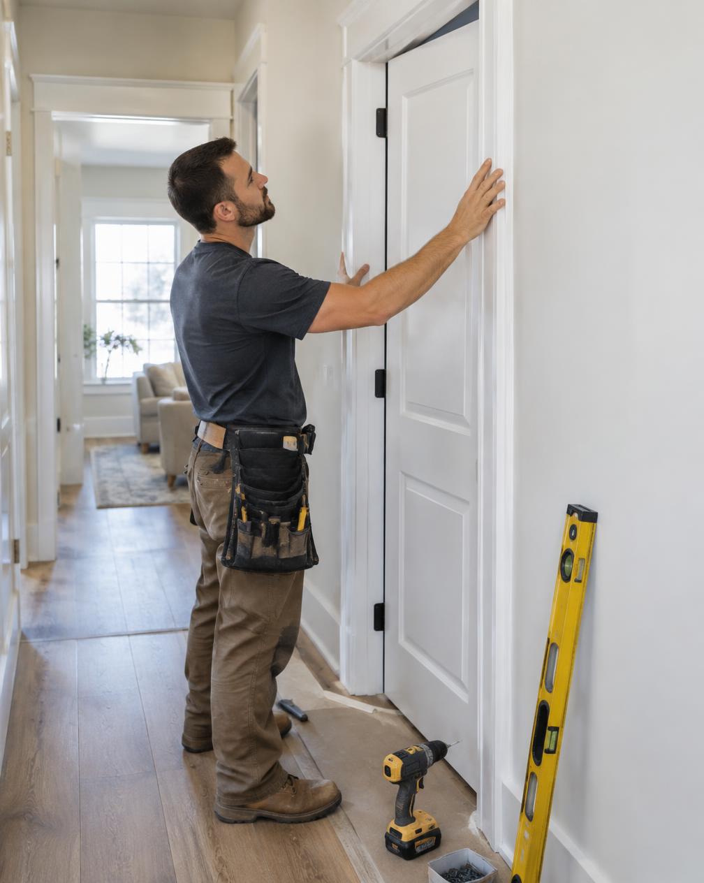 Carpenter fitting a new interior door and trim in a hallway