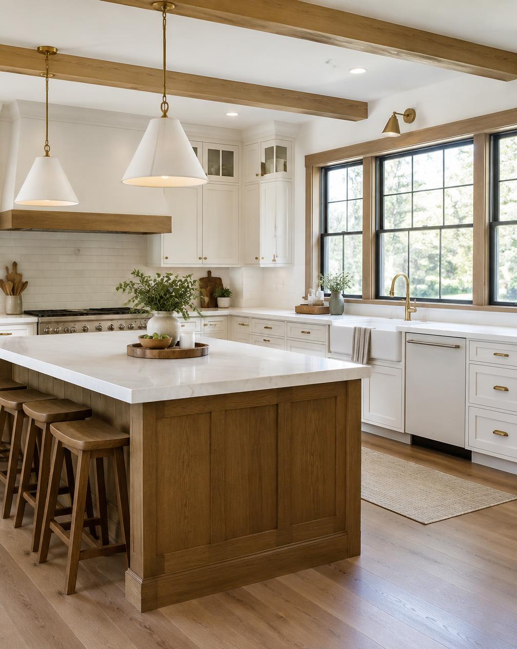 Bright remodeled kitchen with white cabinetry and wood accents