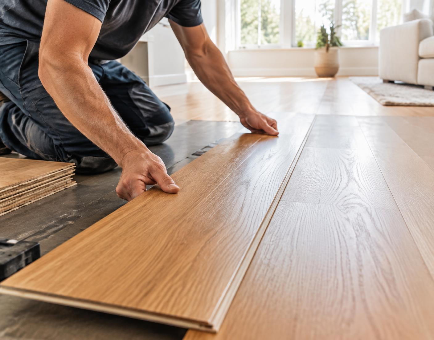 Hardwood flooring planks being installed in a sunlit living room