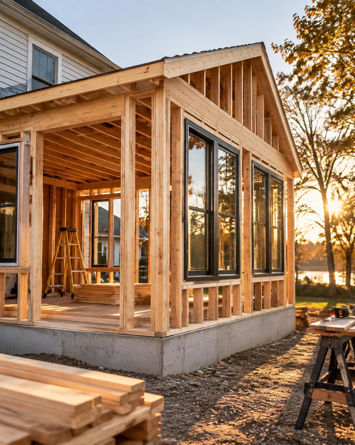 Residential home addition framed with new windows at sunset
