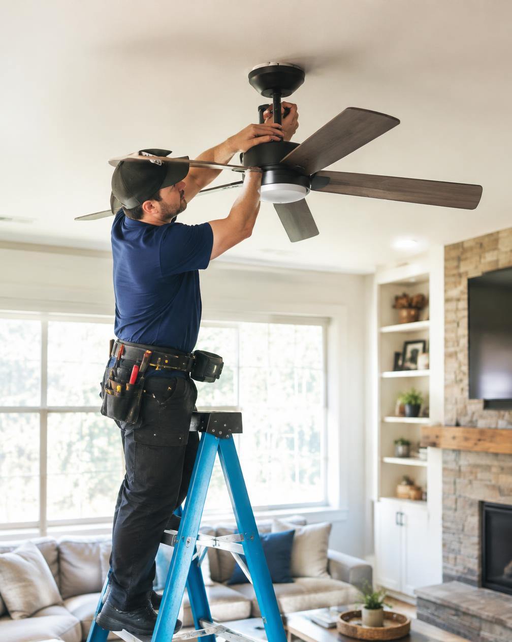 Contractor on a ladder installing a ceiling fan in a living room