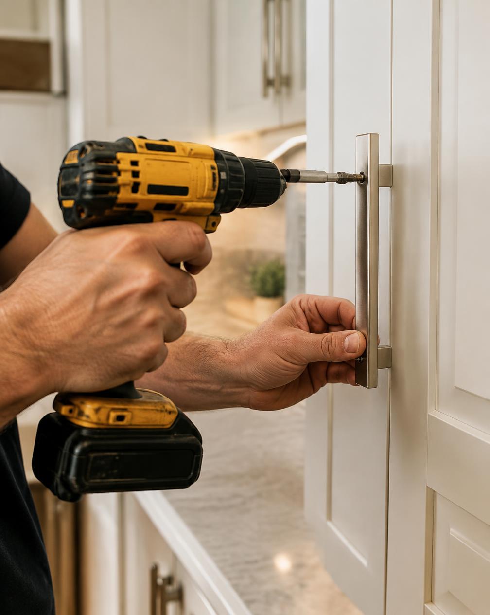 Close-up of hands using a drill to install cabinet hardware