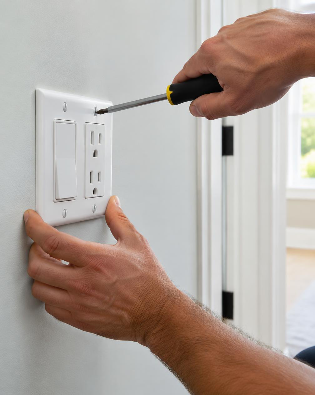 Close-up of hands installing a light switch and outlet plate on a wall